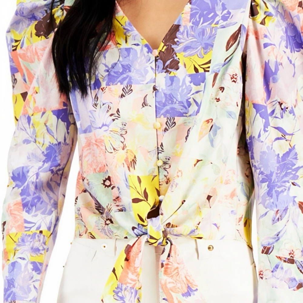 INC International Concepts Linen Blend Purple Yellow Floral Tie-Front Blouse XL